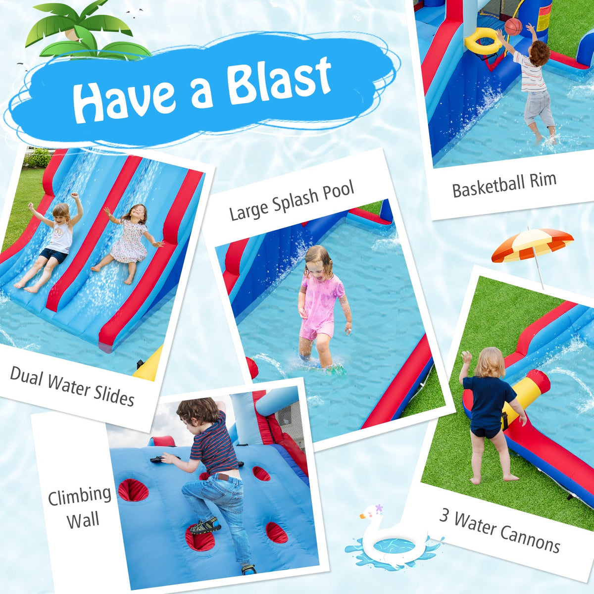 Inflatable Bounce House with 2 Water Slides and 3 Water Cannons with 950W Blower