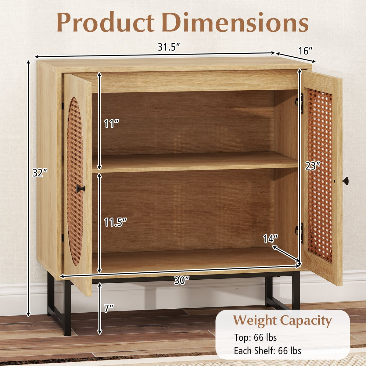 Buffet Cabinet Rattan Storage Cabinet with 2 Doors and Adjustable Shelf