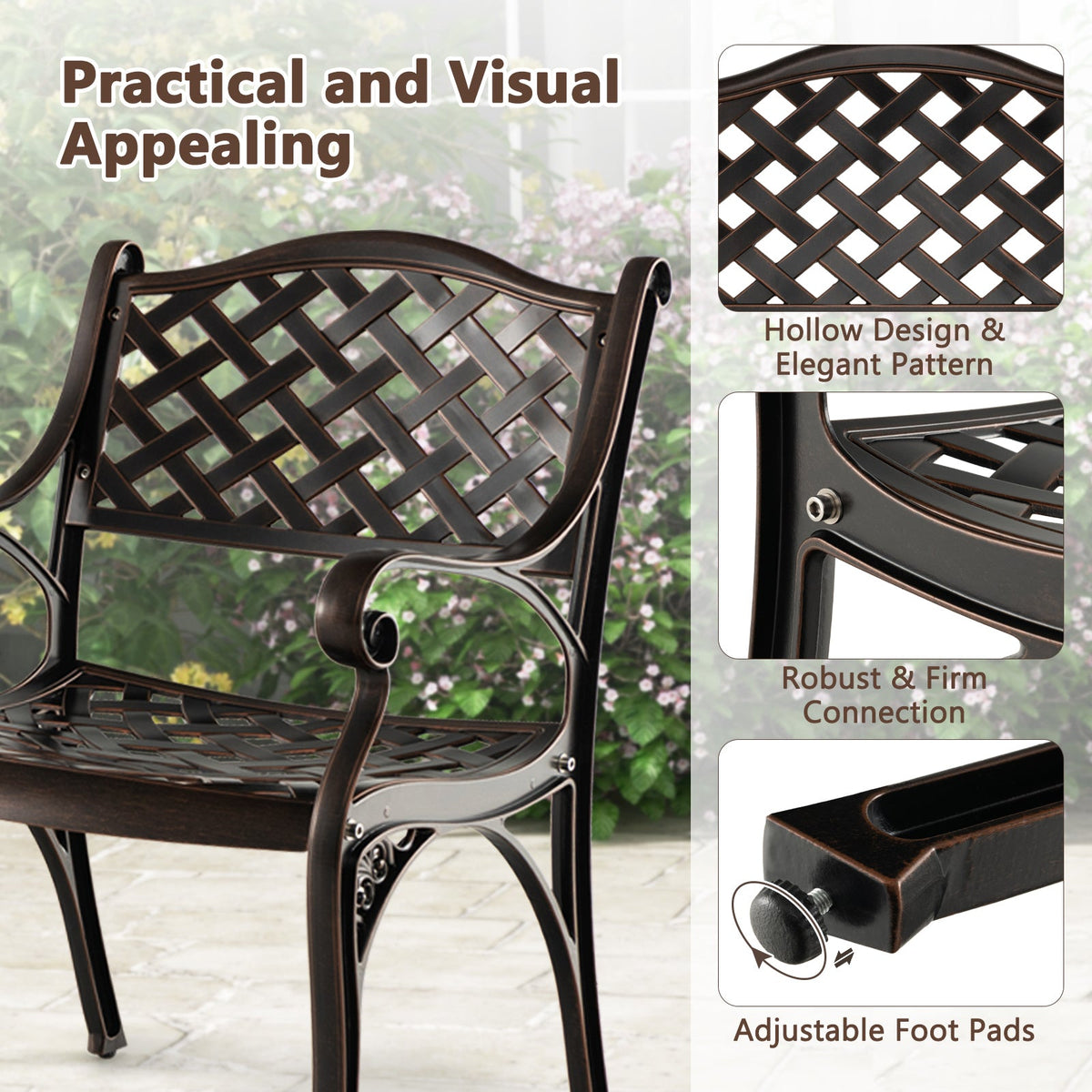 Cast Aluminum Patio Chairs Set of 2 Dining Chairs with Armrests Diamond Pattern-Bronze
