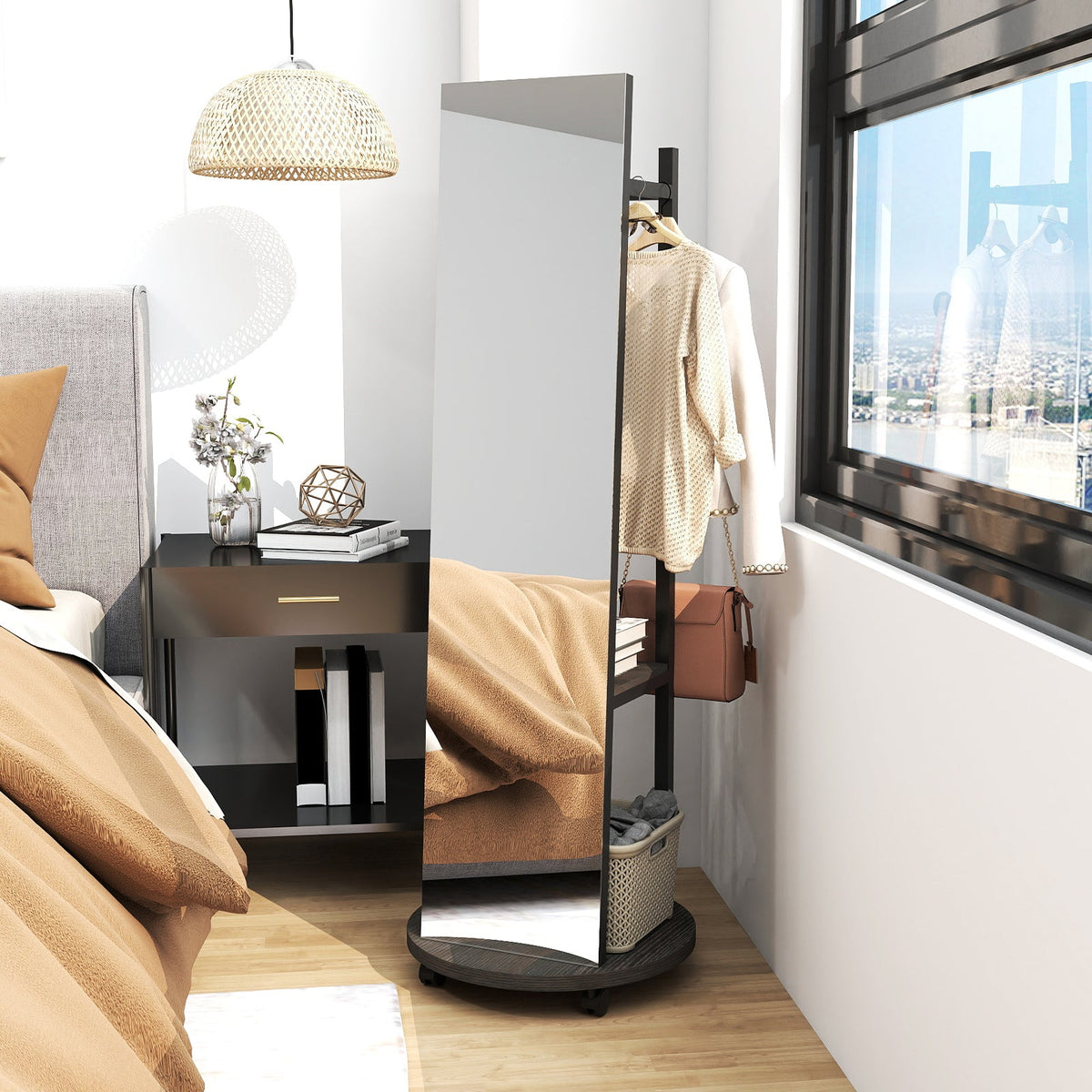 Coat Rack with Full Length Mirror Freestanding Coat Tree with 3 Hooks