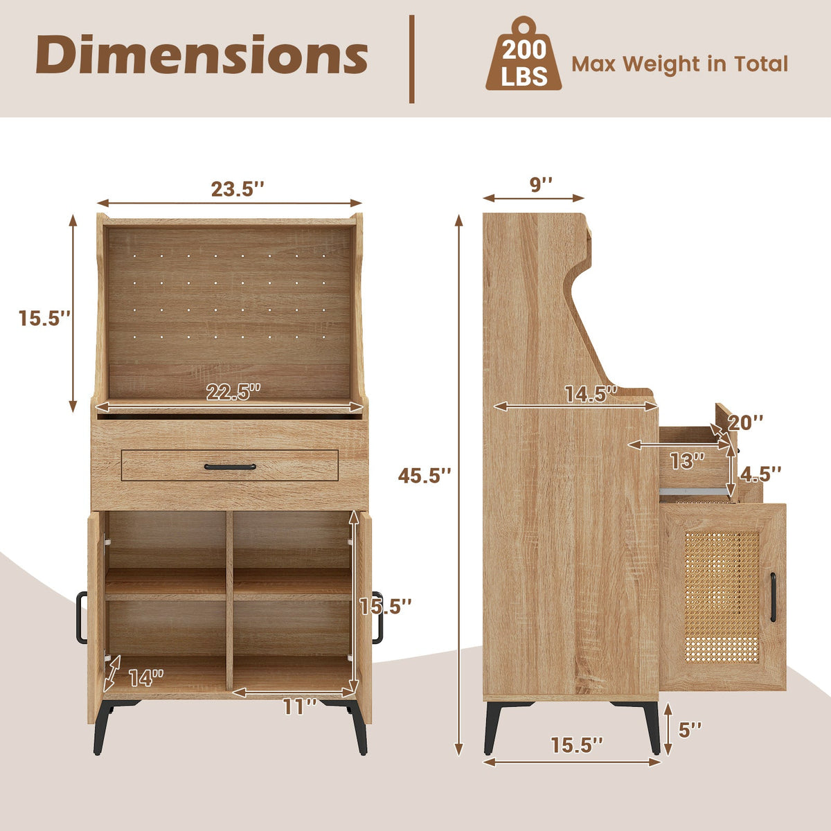 Coffee Bar Cabinet with Pegboard Storage Drawer and Adjustable Shelf-Oak
