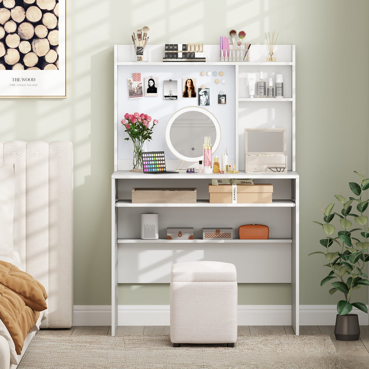 Compact Office Computer Desk with Hutch Magnetic Whiteboard-White