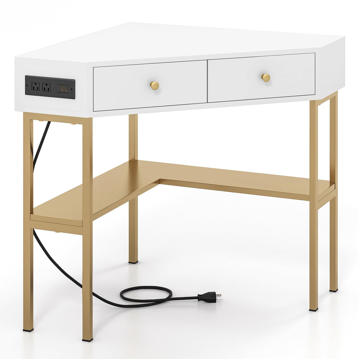 Triangle Corner Desk with Charging Station with 2 Drawers and Storage Shelf