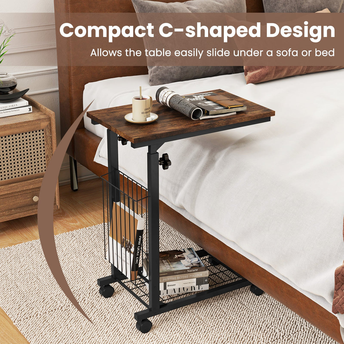 C-shape Sofa Side Table with Storage Basket-Rustic Brown