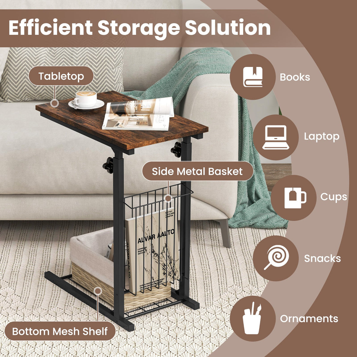 C-shape Sofa Side Table with Storage Basket-Rustic Brown