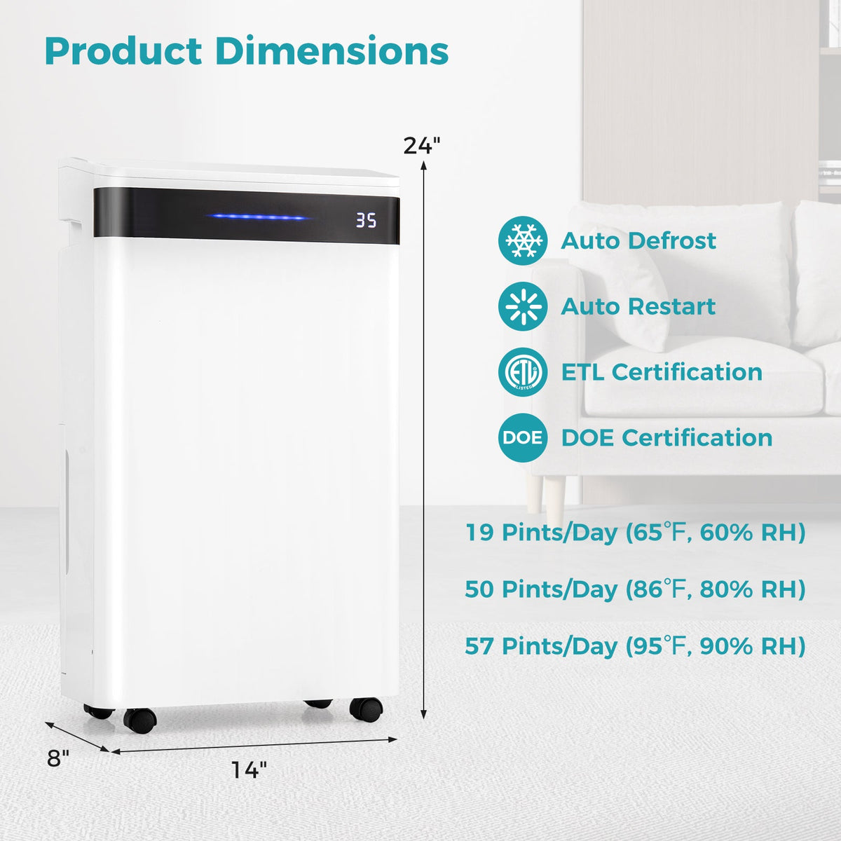 4500 Sq. Ft 57 Pint Dehumidifier for Home and Basement-White