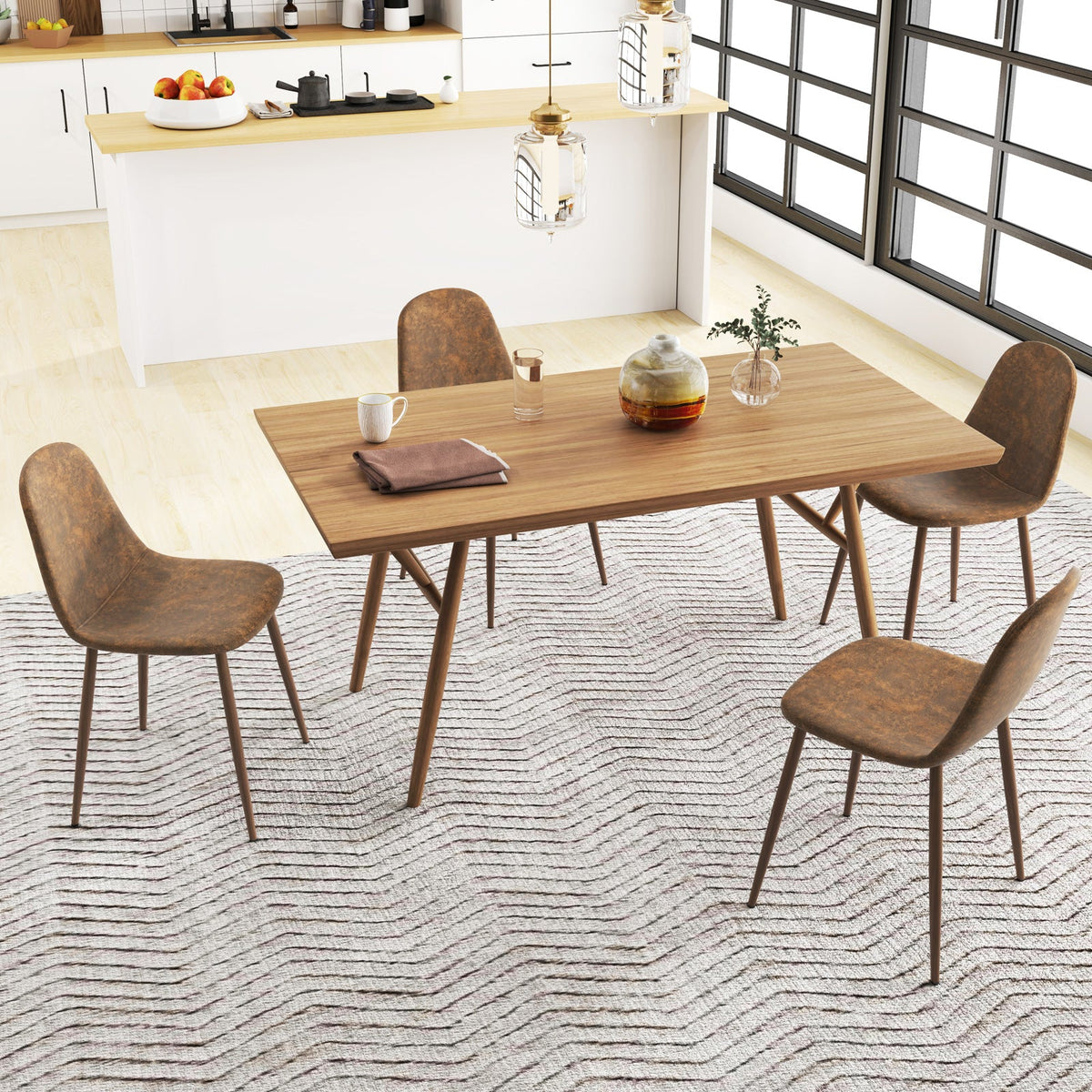 Dining Chair Set of 4 Faux PU Leather Upholstered Kitchen Chairs with Metal Legs-Brown