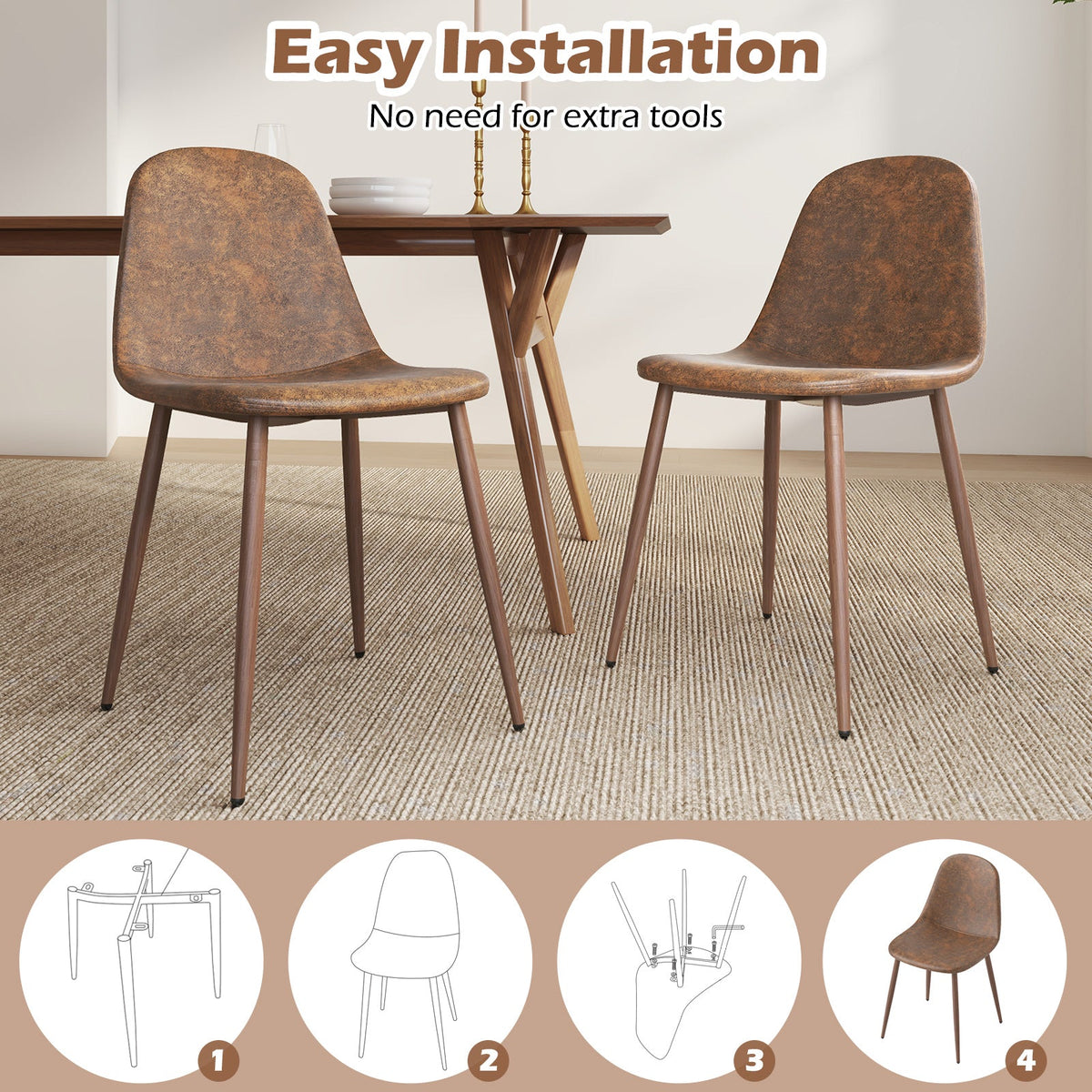 Dining Chair Set of 4 Faux PU Leather Upholstered Kitchen Chairs with Metal Legs-Brown