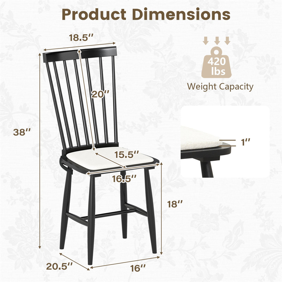 Dining Chairs Set of 2 Farmhouse Solid Rubber Wood Windsor Chairs with Removable Seat Cushions-Black