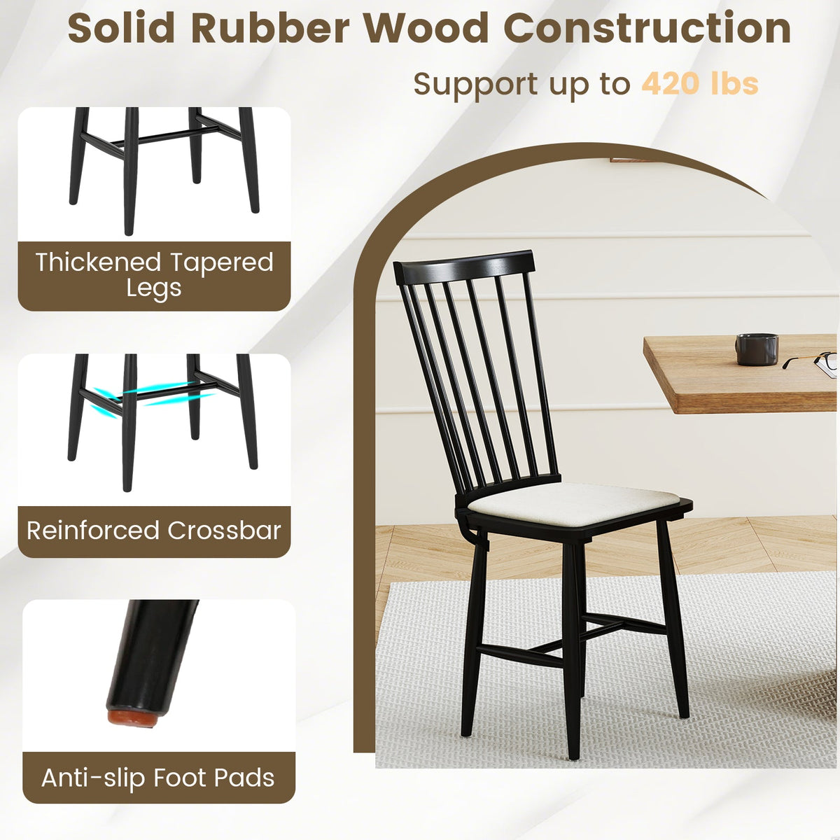 Dining Chairs Set of 2 Farmhouse Solid Rubber Wood Windsor Chairs with Removable Seat Cushions-Black