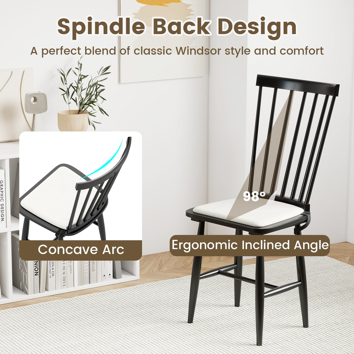 Dining Chairs Set of 2 Farmhouse Solid Rubber Wood Windsor Chairs with Removable Seat Cushions-Black