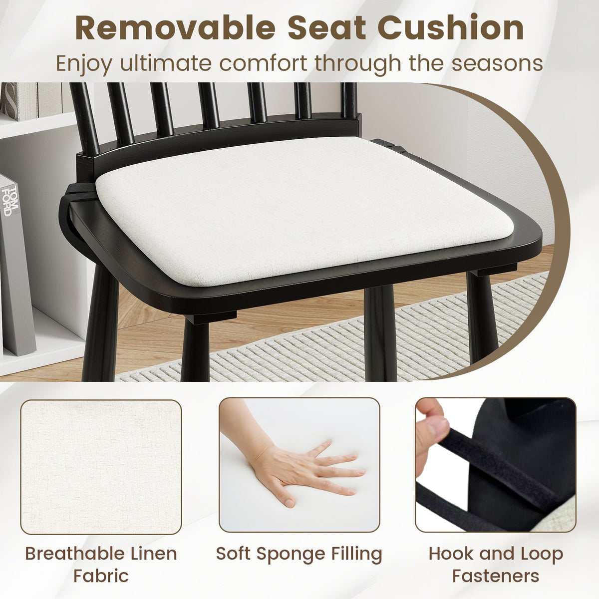 Dining Chairs Set of 2 Farmhouse Solid Rubber Wood Windsor Chairs with Removable Seat Cushions-Black