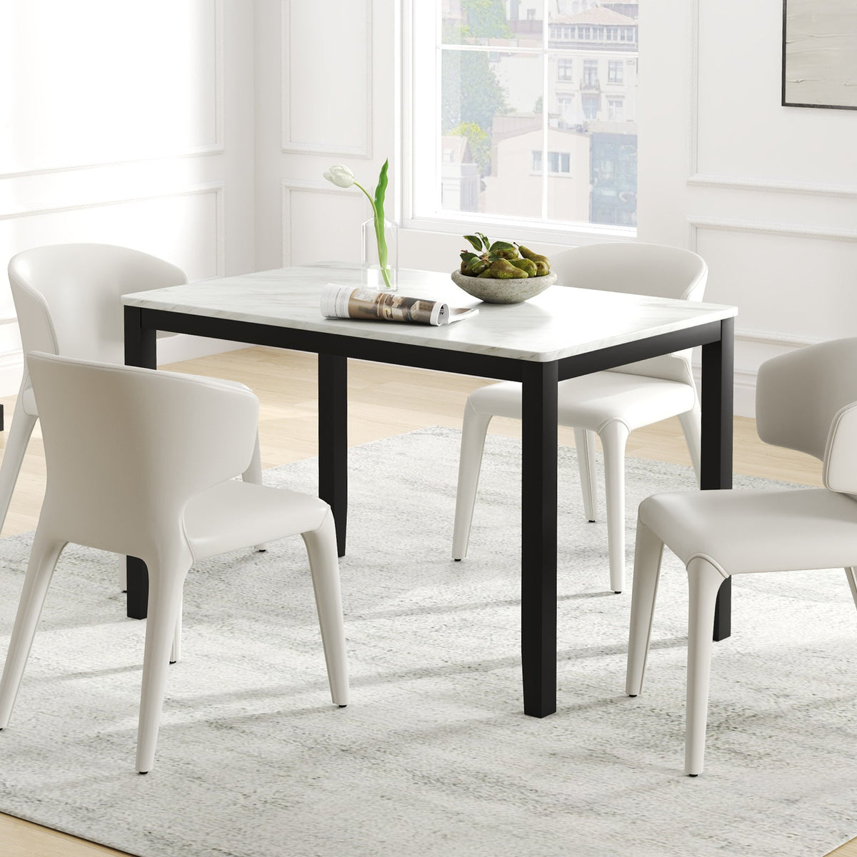 45 Inch Rectangular Mid Century Dining Table with Faux Marble Tabletop for 4 People-Black & White