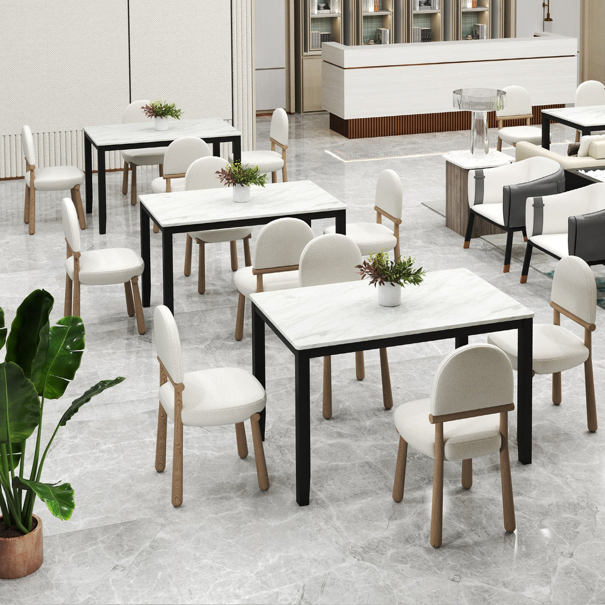 45 Inch Rectangular Mid Century Dining Table with Faux Marble Tabletop for 4 People-Black & White