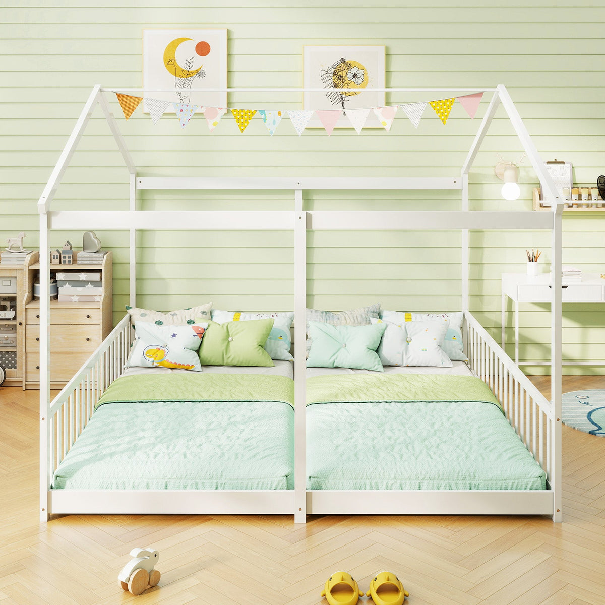 Double Floor Bed for Twins House Beds with Safety Guardrails for 2 Kids-White