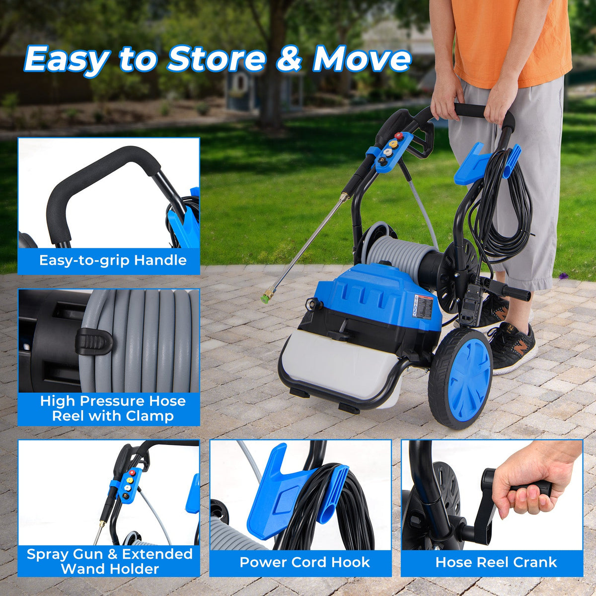 2300 PSI 1.8 GPM Electric Pressure Washer with Wheels and 5 Quick Connect Nozzles-Blue