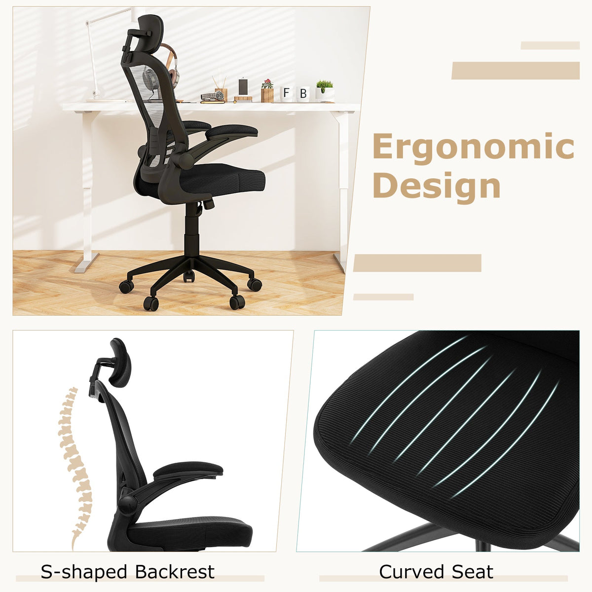 Ergonomic Mesh Office Chair with Adjustable Height for Home Office-Black