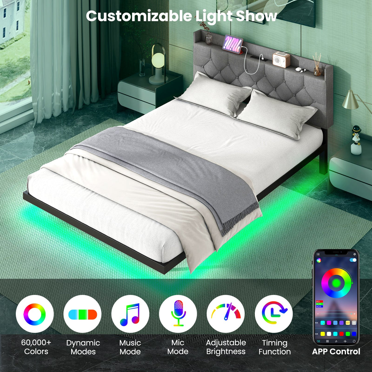 Full/Queen Size Floating Bed Frame with LED and Headboard and Charging Station