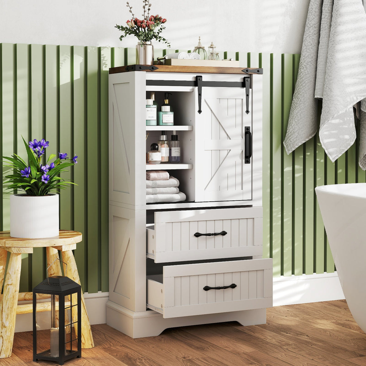 Farmhouse Bathroom Floor Cabinet Freestanding Wooden Storage Organizer-White