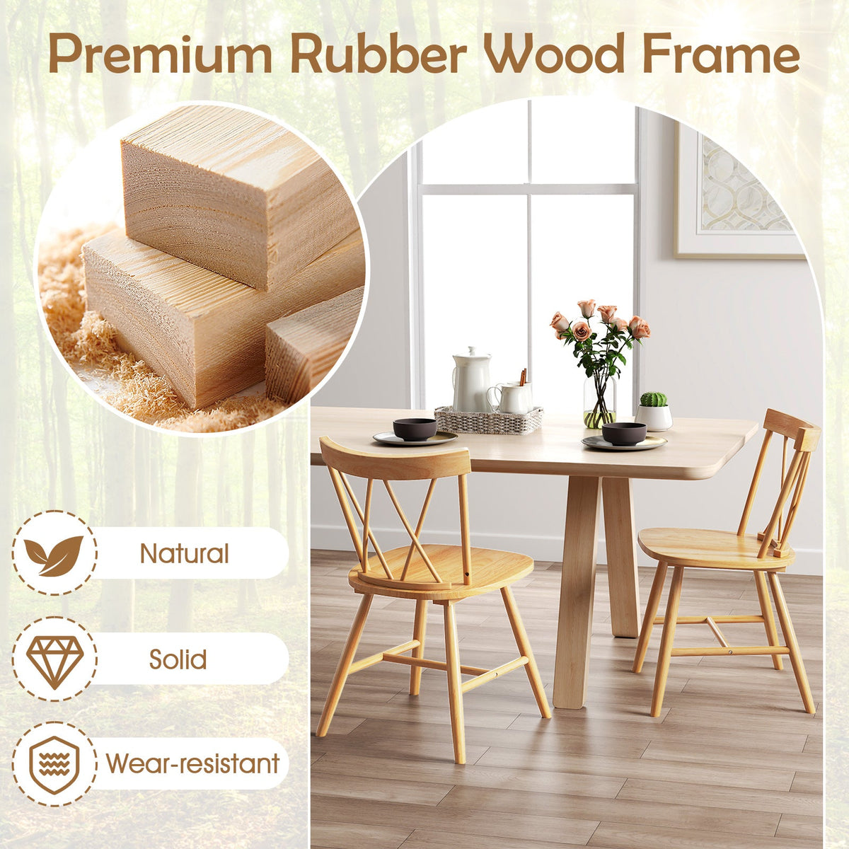Farmhouse Kitchen Dining Chair Set of 2 with Rubber Wood Frame