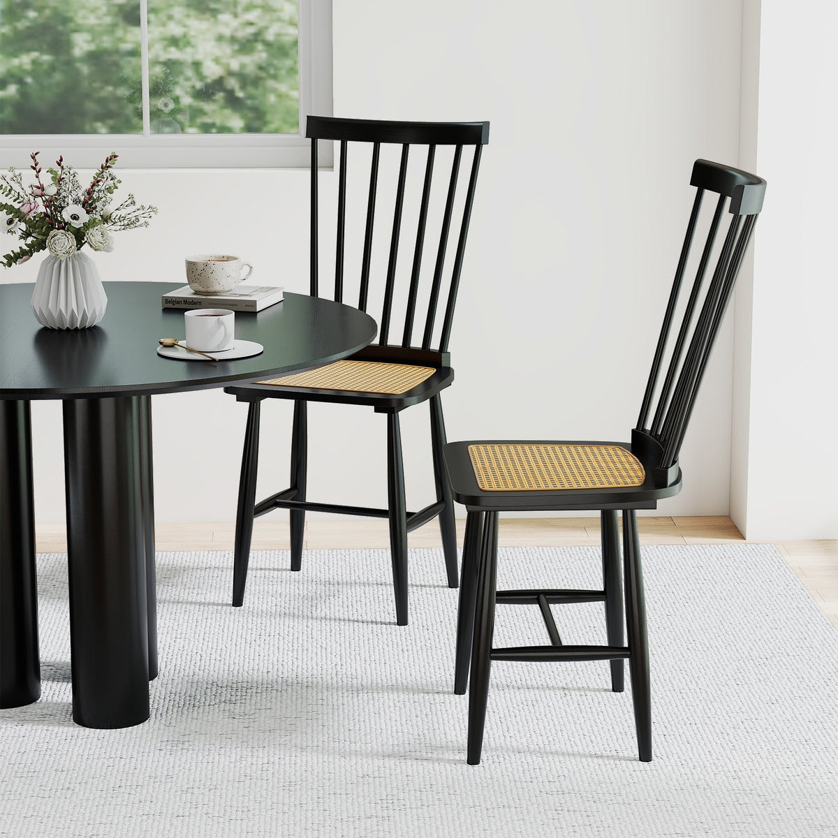 Farmhouse Solid Rubber Wood Dining Chairs Set of 2 with PE Rattan Seats-Black