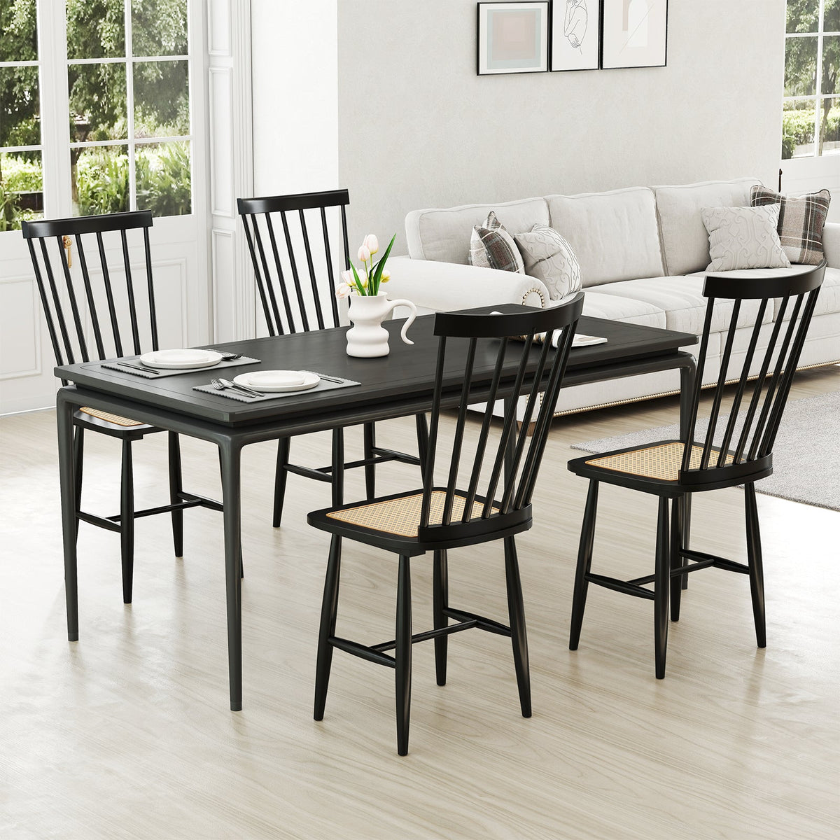Farmhouse Solid Rubber Wood Dining Chairs Set of 2 with PE Rattan Seats-Black