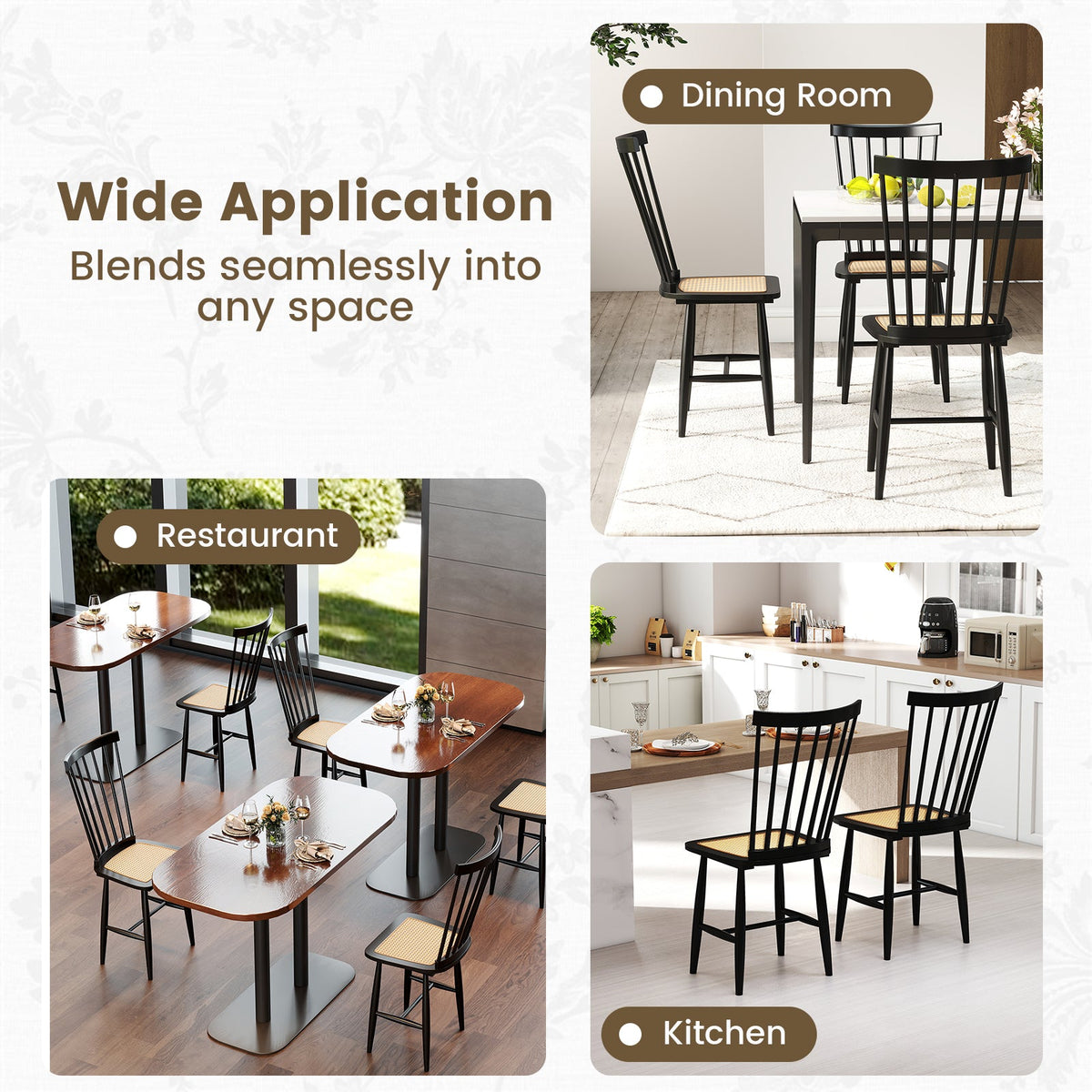 Farmhouse Solid Rubber Wood Dining Chairs Set of 2 with PE Rattan Seats-Black