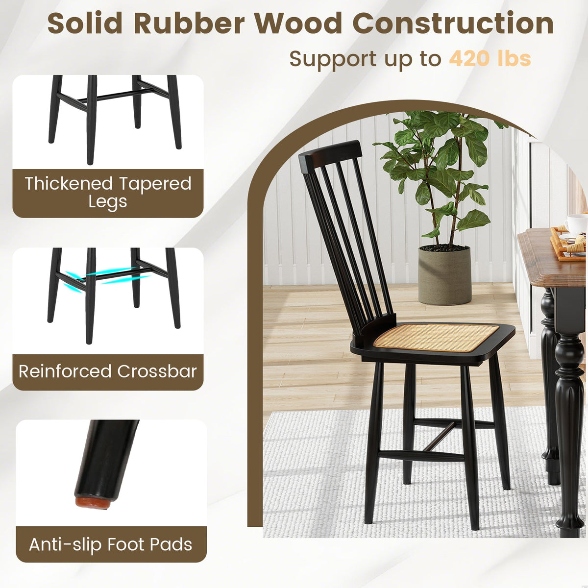 Farmhouse Solid Rubber Wood Dining Chairs Set of 2 with PE Rattan Seats-Black