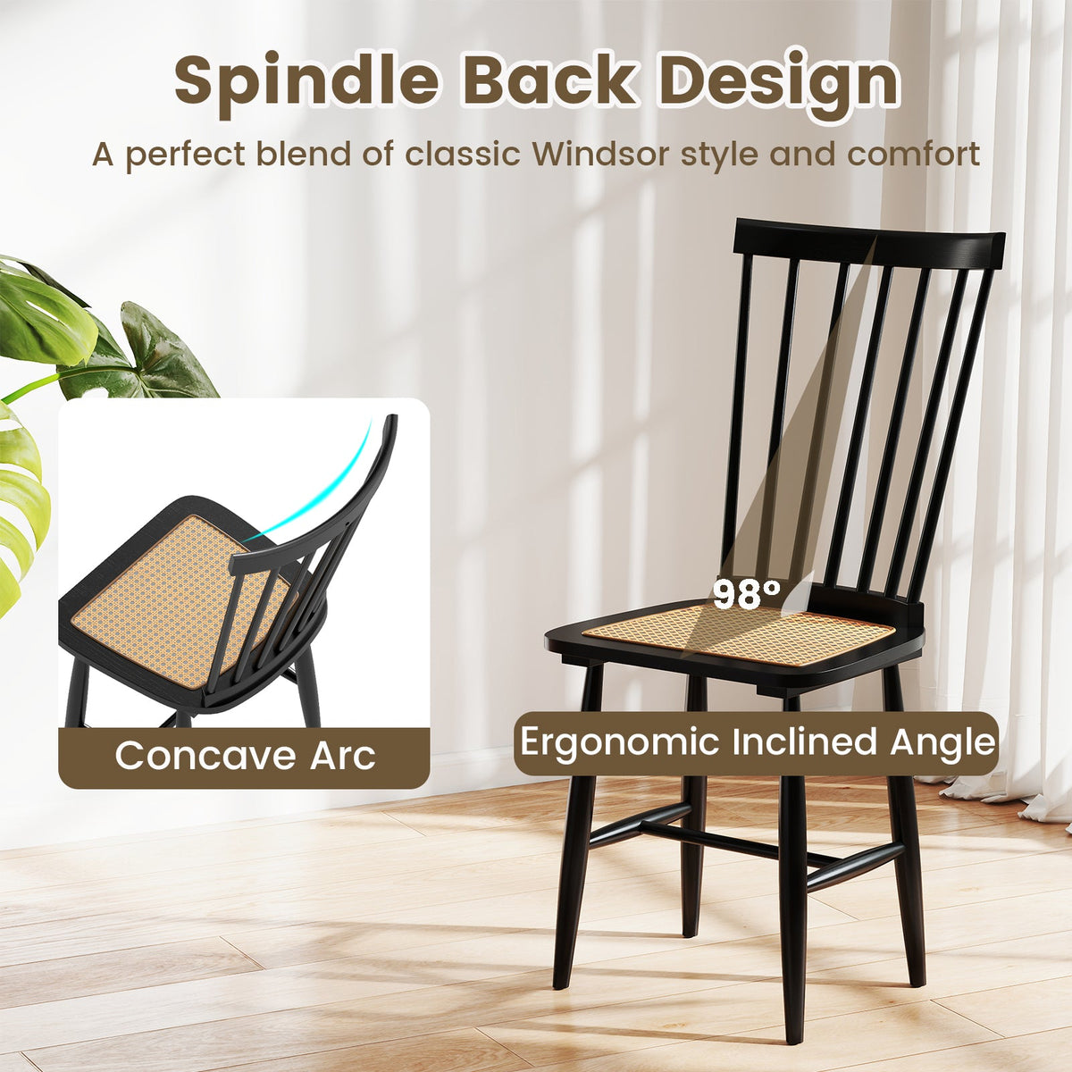 Farmhouse Solid Rubber Wood Dining Chairs Set of 2 with PE Rattan Seats-Black