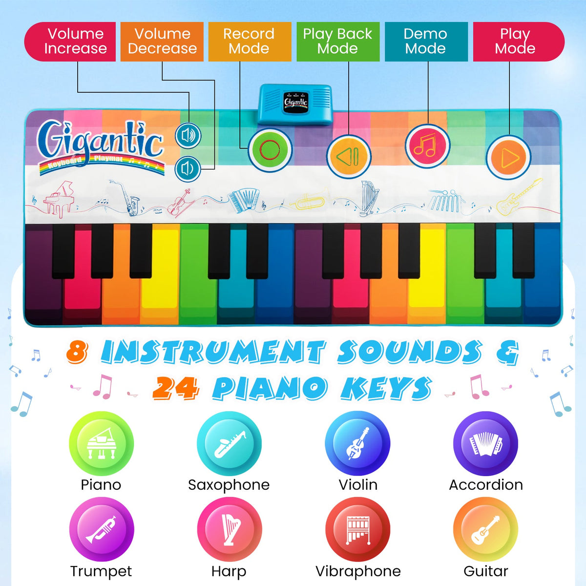 Floor Piano Dance Mat for Kids Musical Playmat with 8 Instrument Sounds