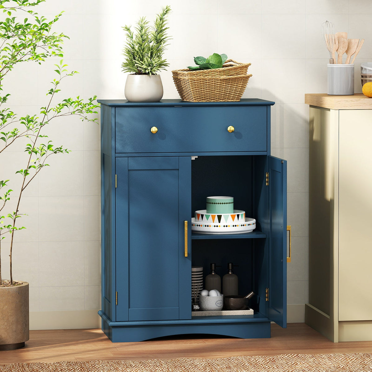 Floor Storage Cabinet with Doors Modern Buffet Sideboard with Drawer and Adjustable Shelf-Navy Blue