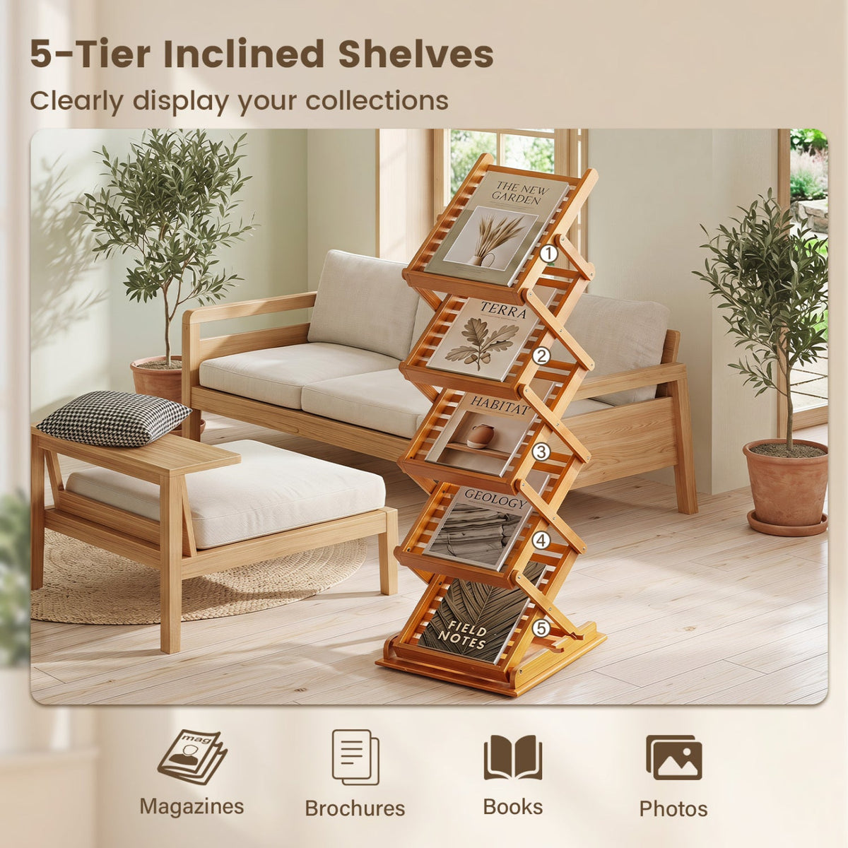 Foldable Bamboo Magazine Rack with 5 Tiers and 2 Positions DirectDeals
