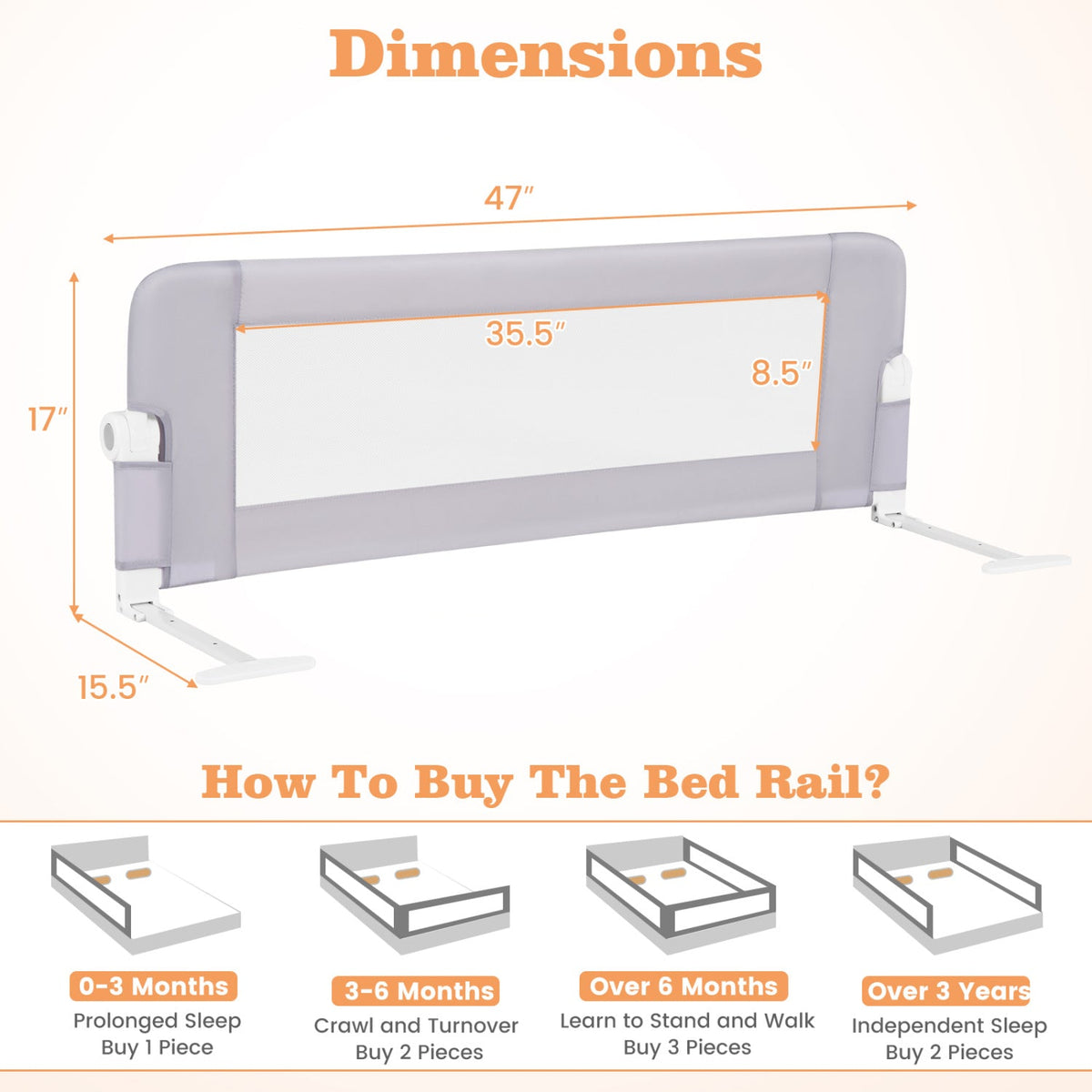 Foldable Bed Rail with Swing Down Design - Light Gray DirectDeals