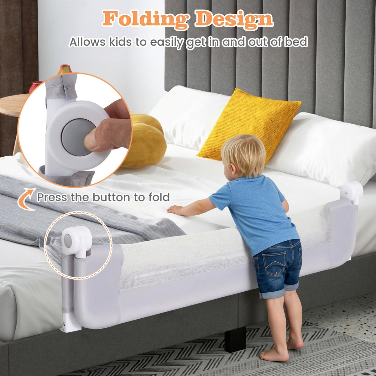 Foldable Bed Rail with Swing Down Design - Light Gray DirectDeals