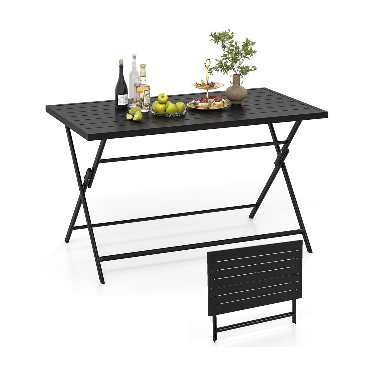 Foldable Outdoor Dining Table 48inch x 30inch Rectangular Metal Patio Table with Slatted Tabletop-Black