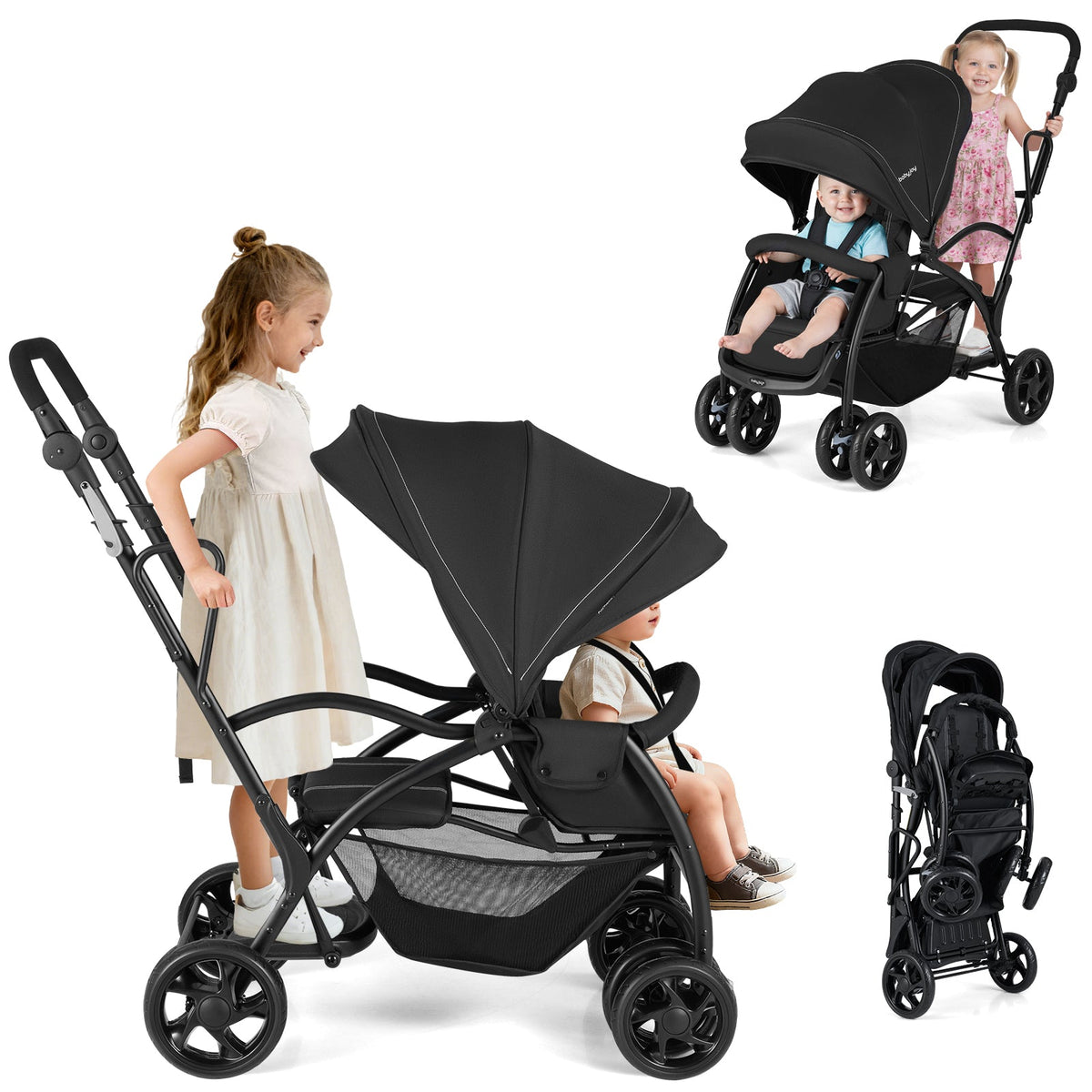 Foldable Twin Tandem Stroller Sit and Stand Double Stroller with Adjustable Handle Bar-Black DirectDeals