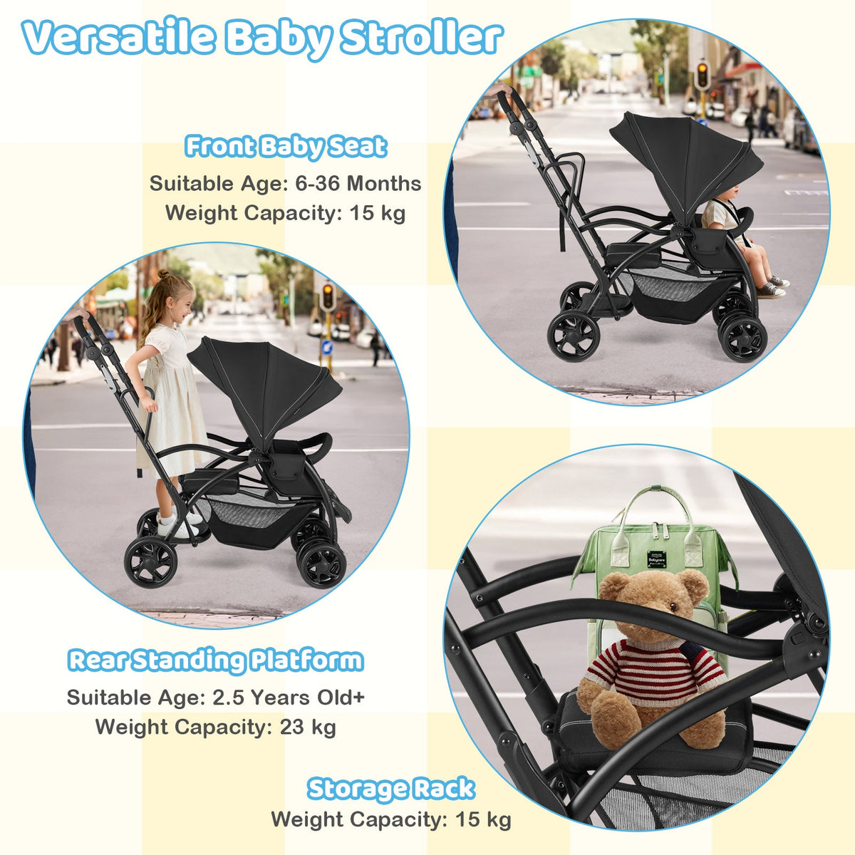 Foldable Twin Tandem Stroller Sit and Stand Double Stroller with Adjustable Handle Bar-Black DirectDeals