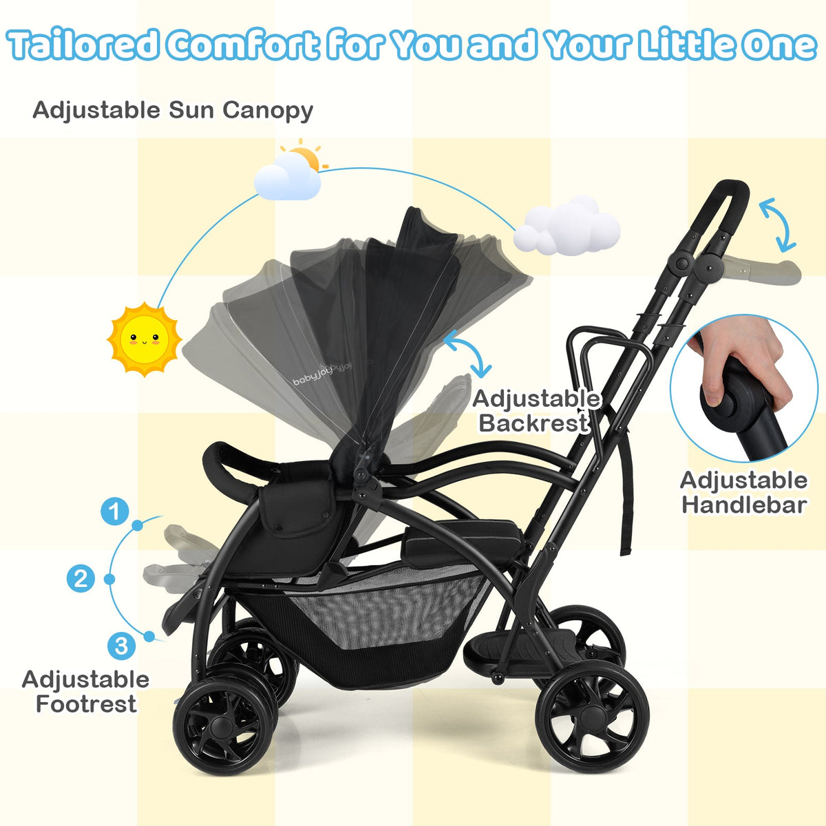 Foldable Twin Tandem Stroller Sit and Stand Double Stroller with Adjustable Handle Bar-Black DirectDeals
