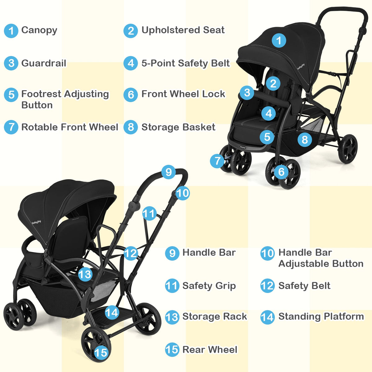 Foldable Twin Tandem Stroller Sit and Stand Double Stroller with Adjustable Handle Bar-Black DirectDeals