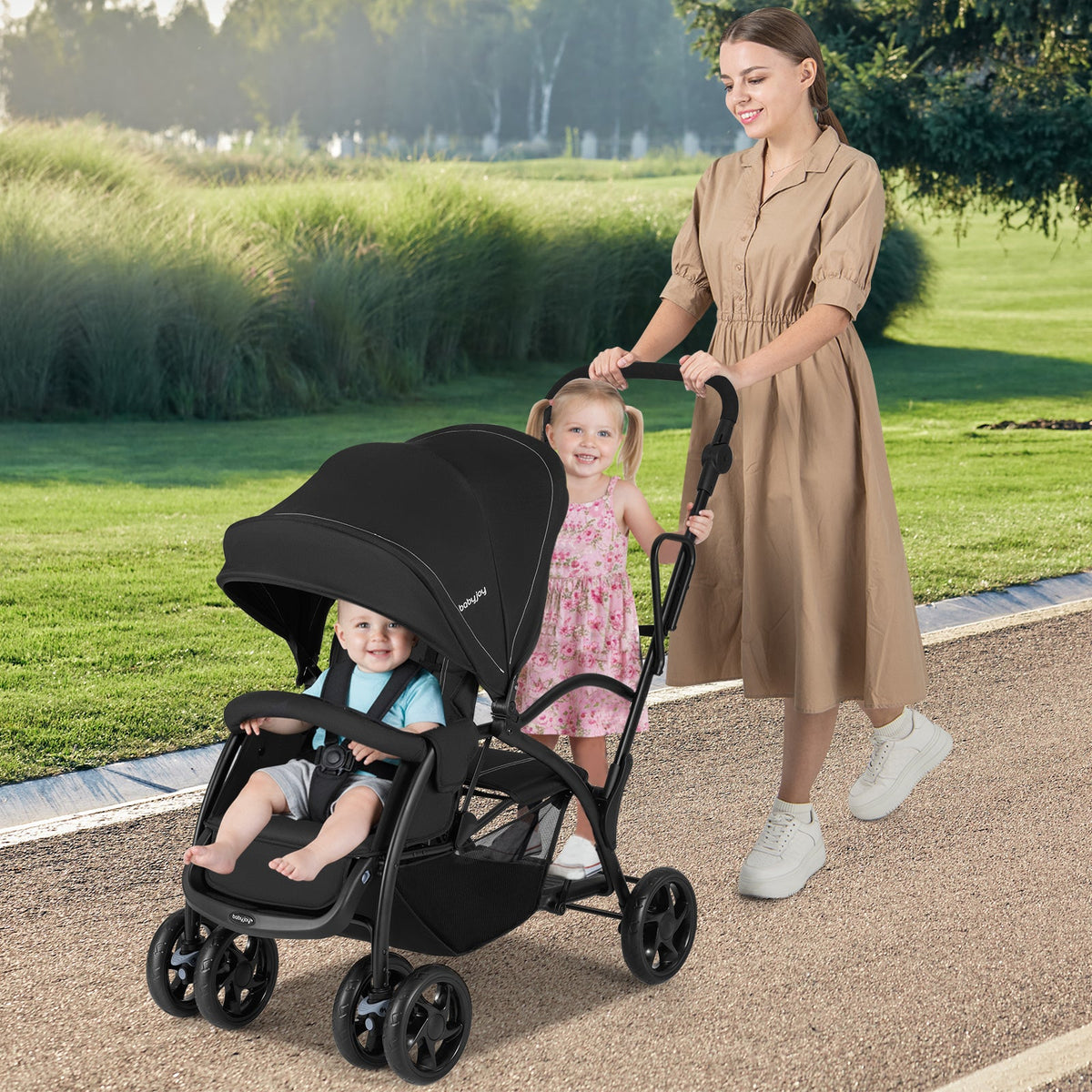 Foldable Twin Tandem Stroller Sit and Stand Double Stroller with Adjustable Handle Bar-Black DirectDeals