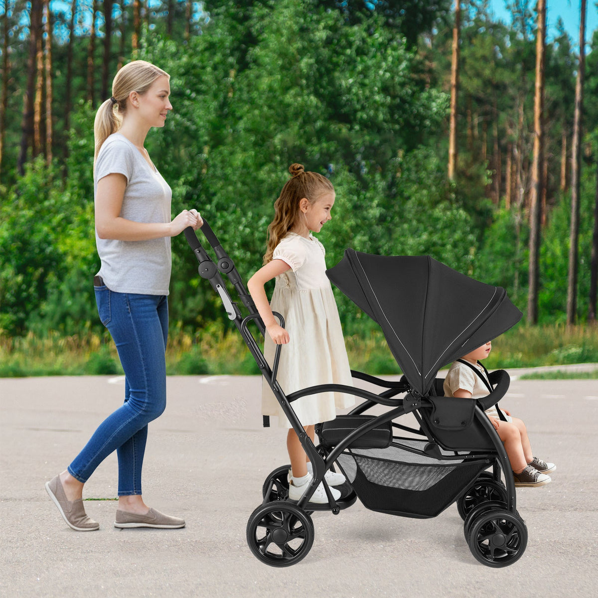 Foldable Twin Tandem Stroller Sit and Stand Double Stroller with Adjustable Handle Bar-Black DirectDeals