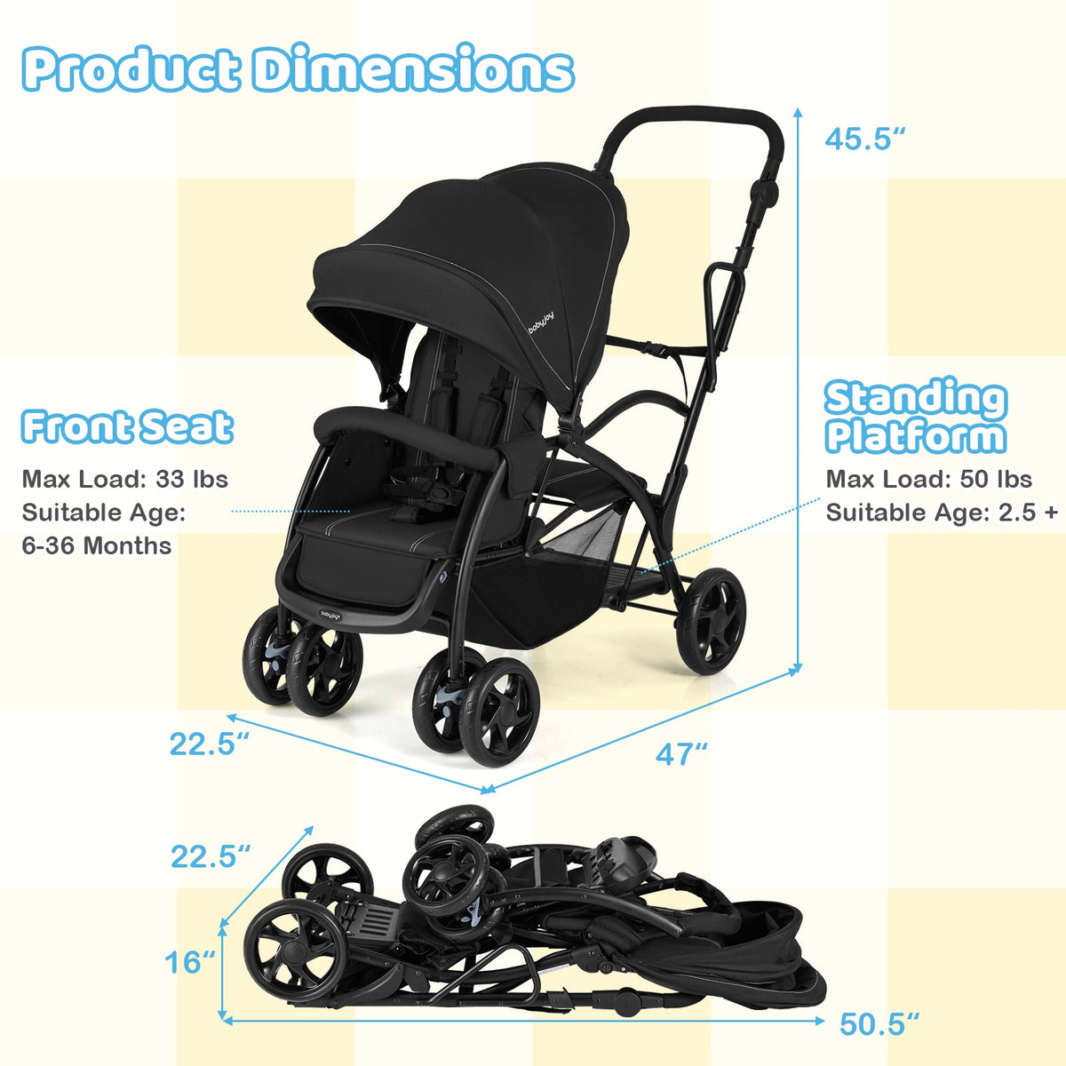Foldable Twin Tandem Stroller Sit and Stand Double Stroller with Adjustable Handle Bar-Black DirectDeals