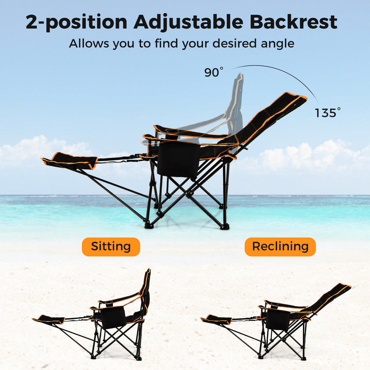 Folding Camping Chair with Footrest Camping Lounge Chair with Carry Bag-Black