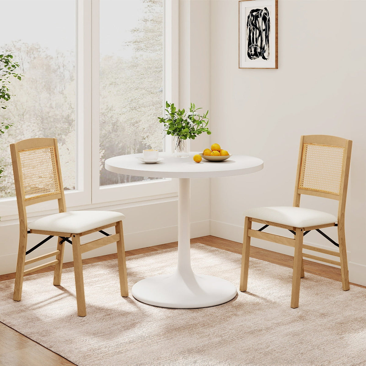 Folding Dining Chairs Set of 4 Rubber Wood Chairs with Linen Padded Seat