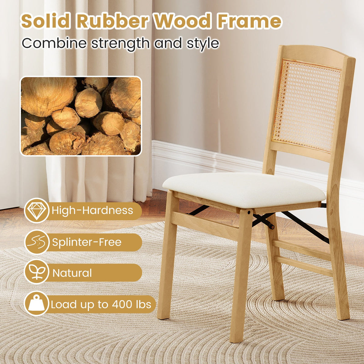 Folding Dining Chairs Set of 4 Rubber Wood Chairs with Linen Padded Seat