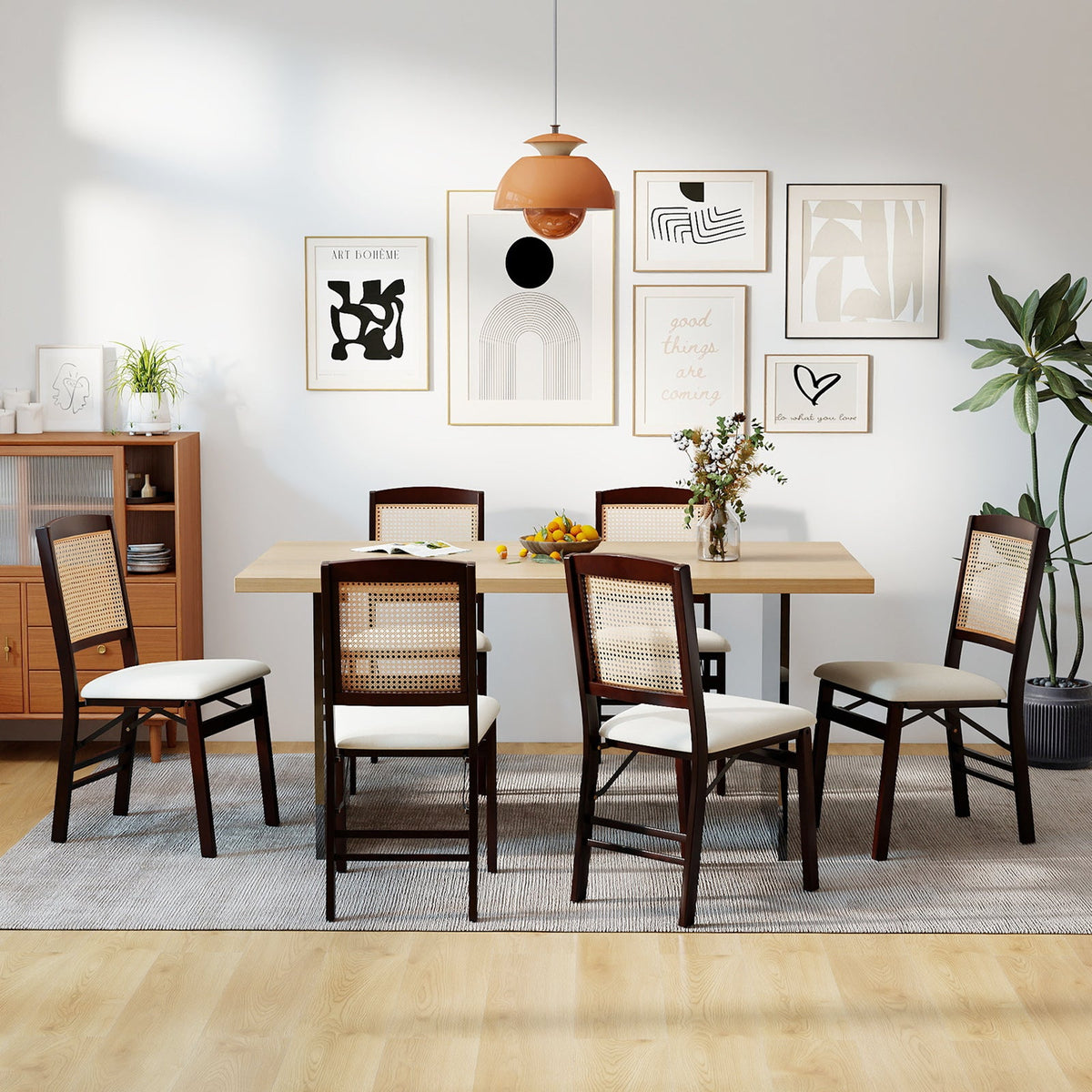 Folding Dining Chairs Set of 4 Rubber Wood Chairs with Linen Padded Seat