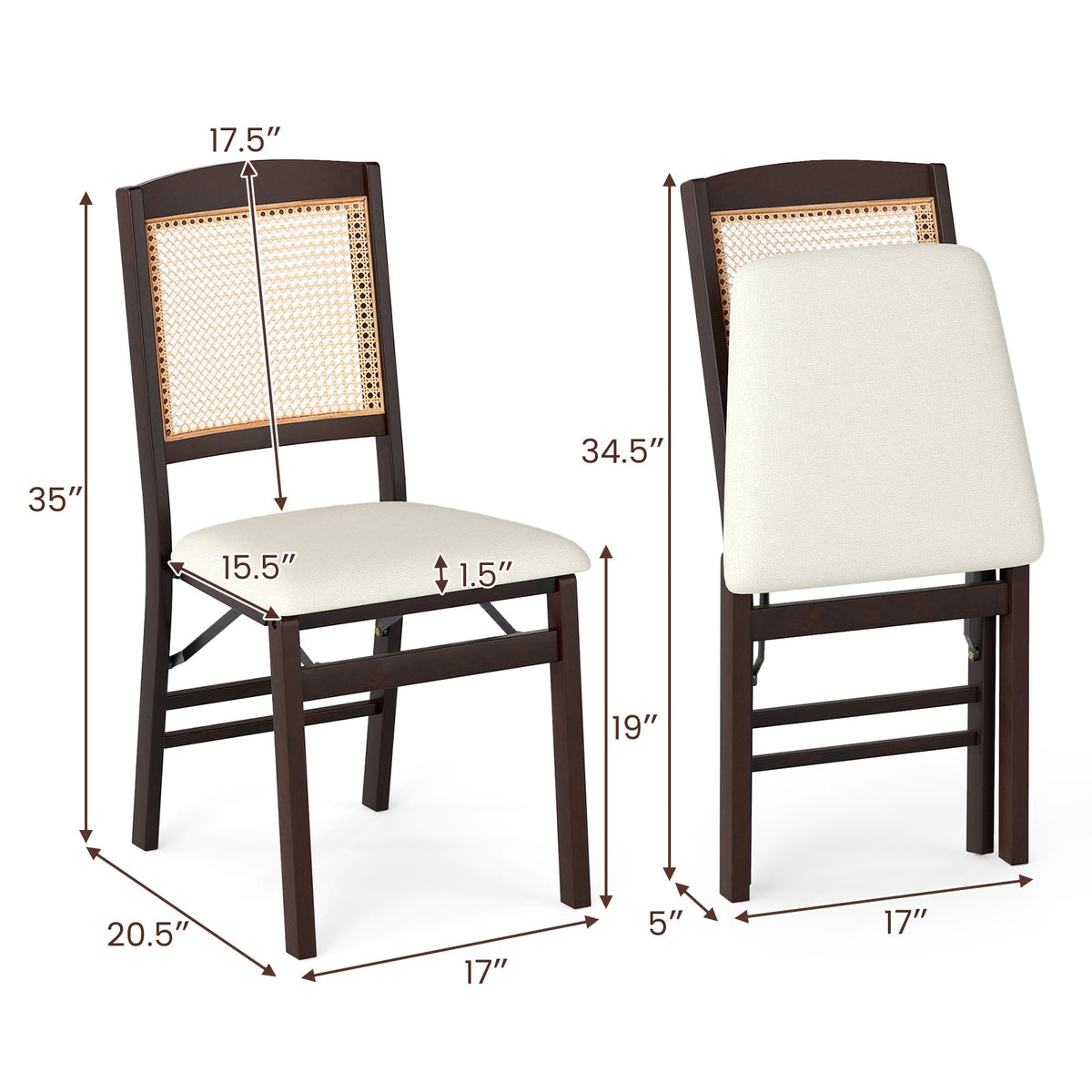 Folding Dining Chairs Set of 4 Rubber Wood Chairs with Linen Padded Seat