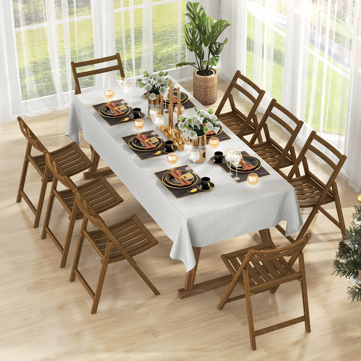 Folding Dining Chair Set of 2 with Rubber Wood Frame and Slatted Seat-Walnut