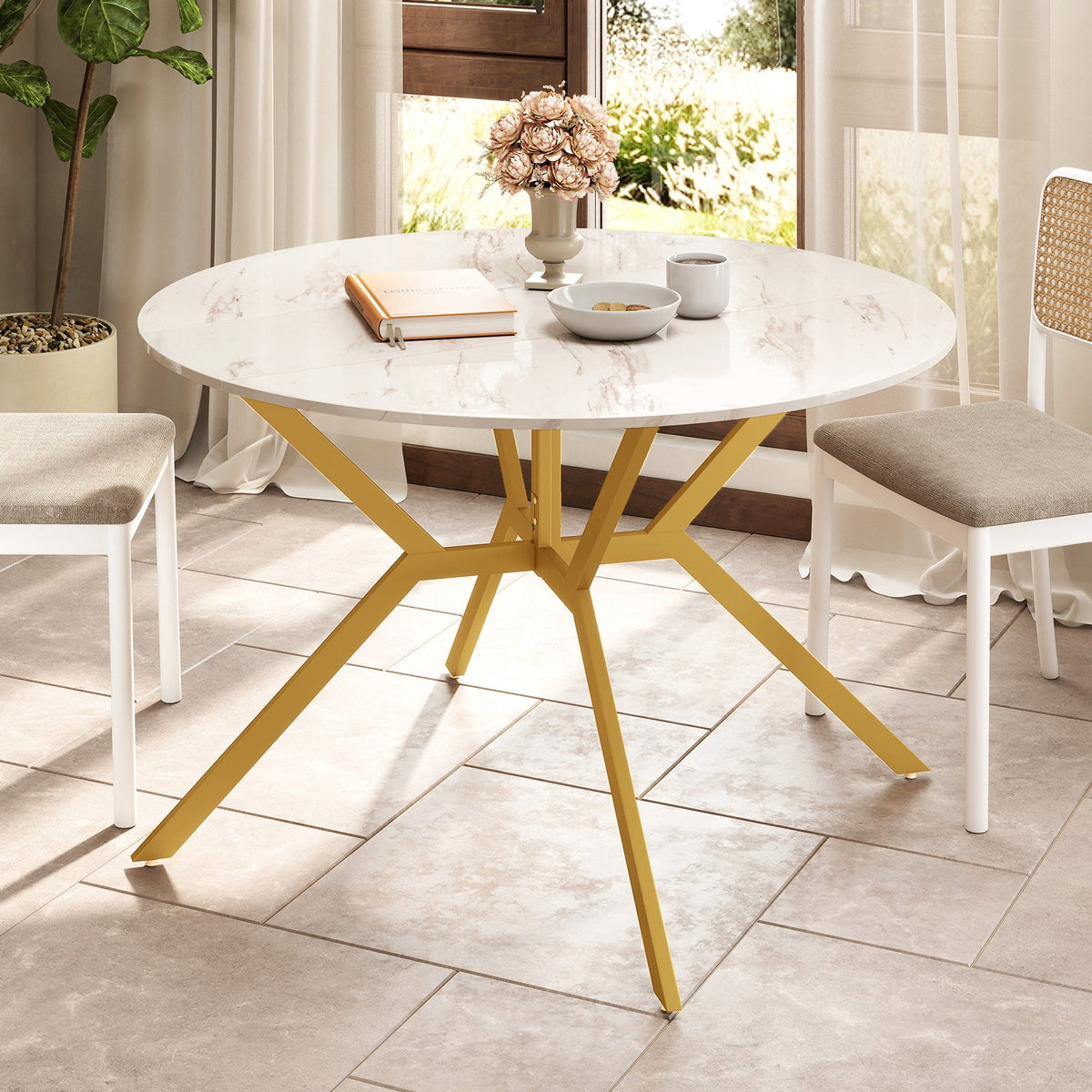 Folding Dining Table 47 Inch Extendable Round Kitchen Table with Drop Leaves
