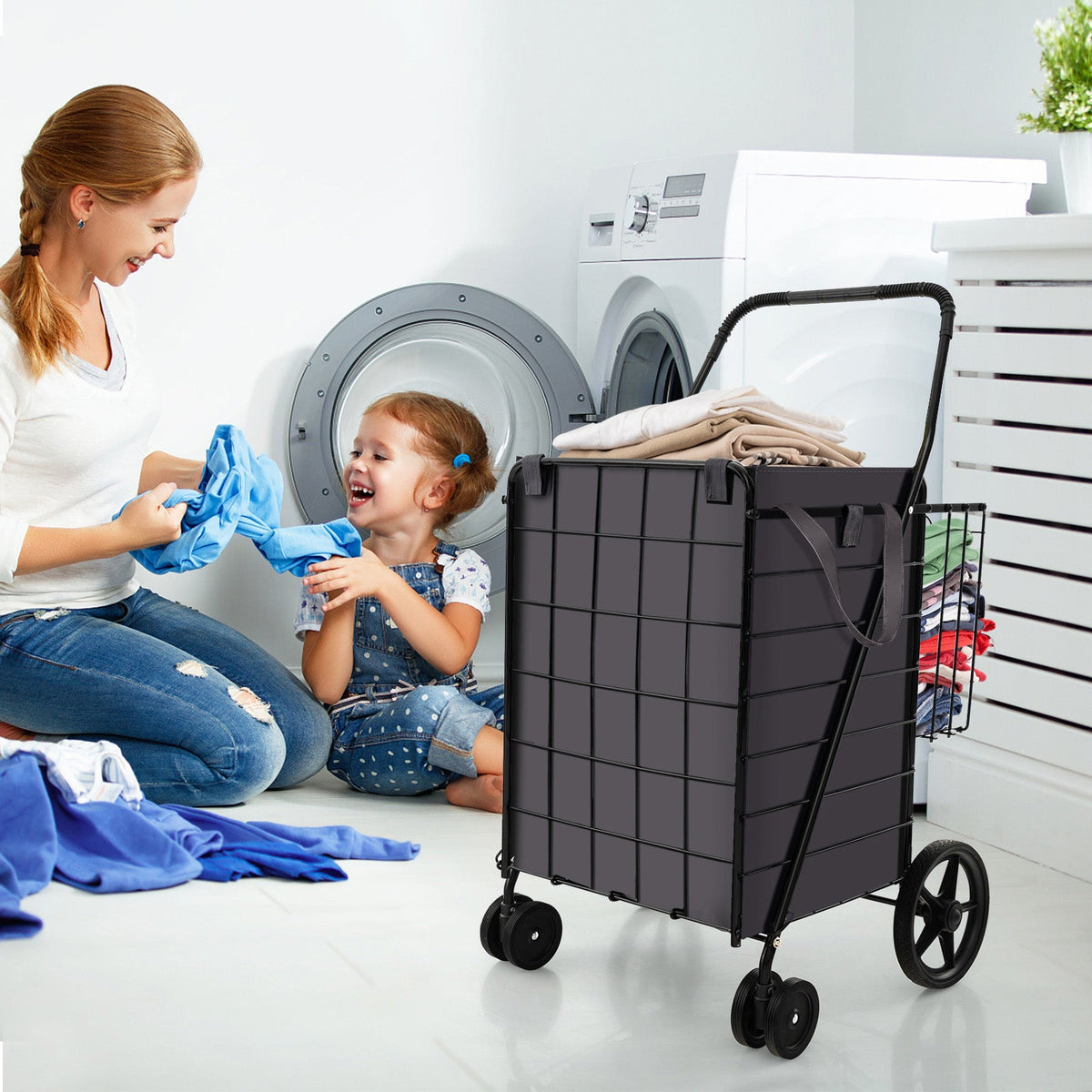 Folding Rolling Shopping Cart with Waterproof Liner and Basket-Black DirectDeals